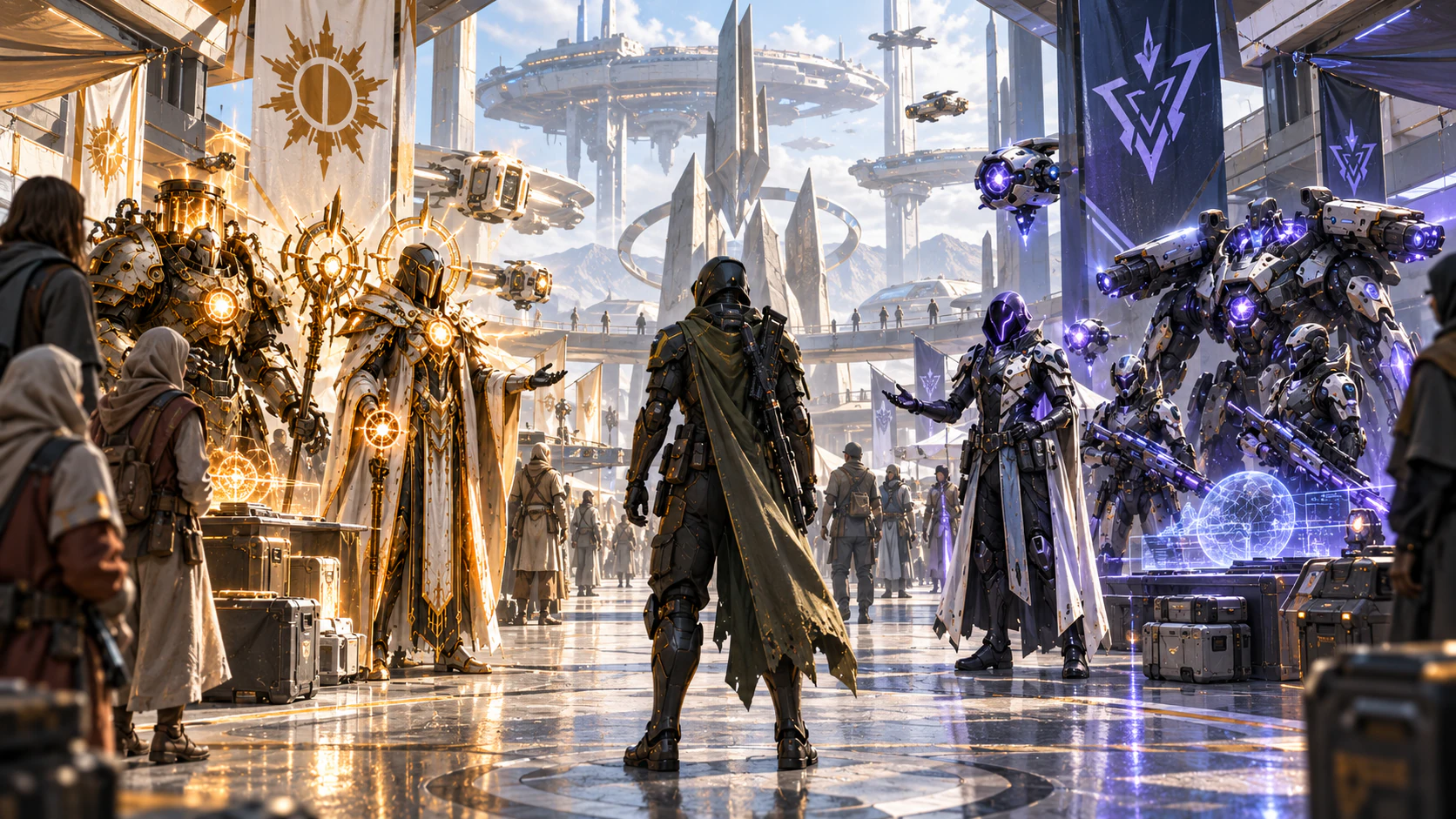 A traveller choosing alliances among factions